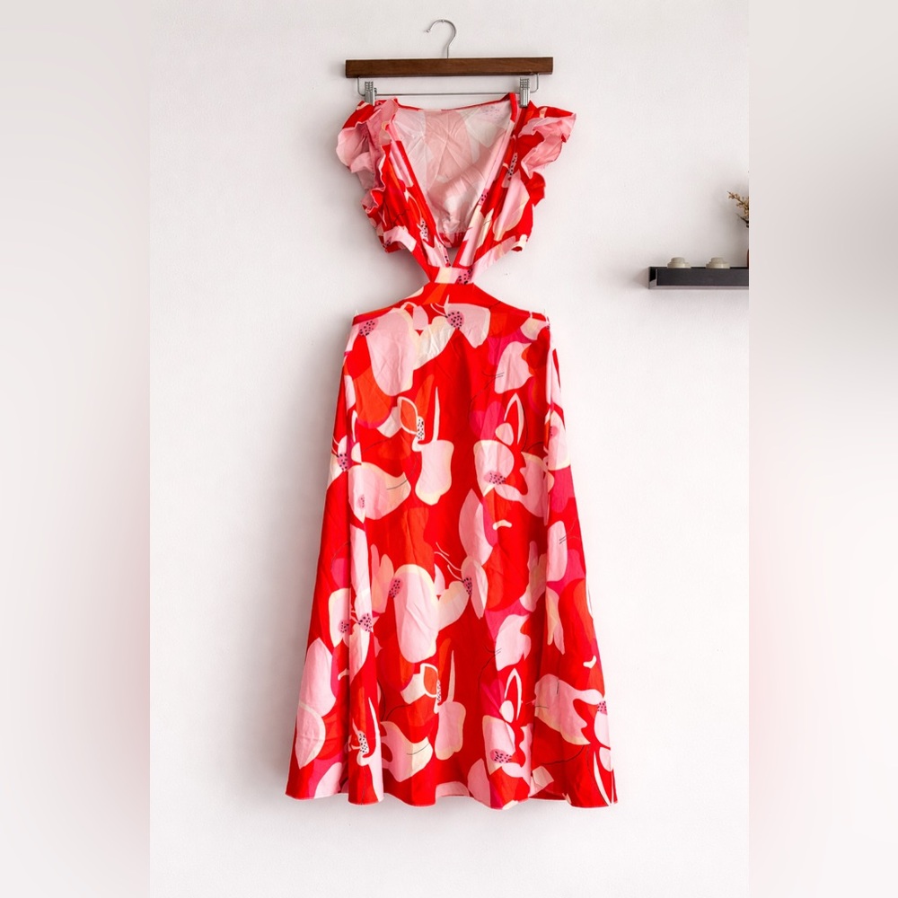 SHEIN Red and Pink Floral Midi Dress